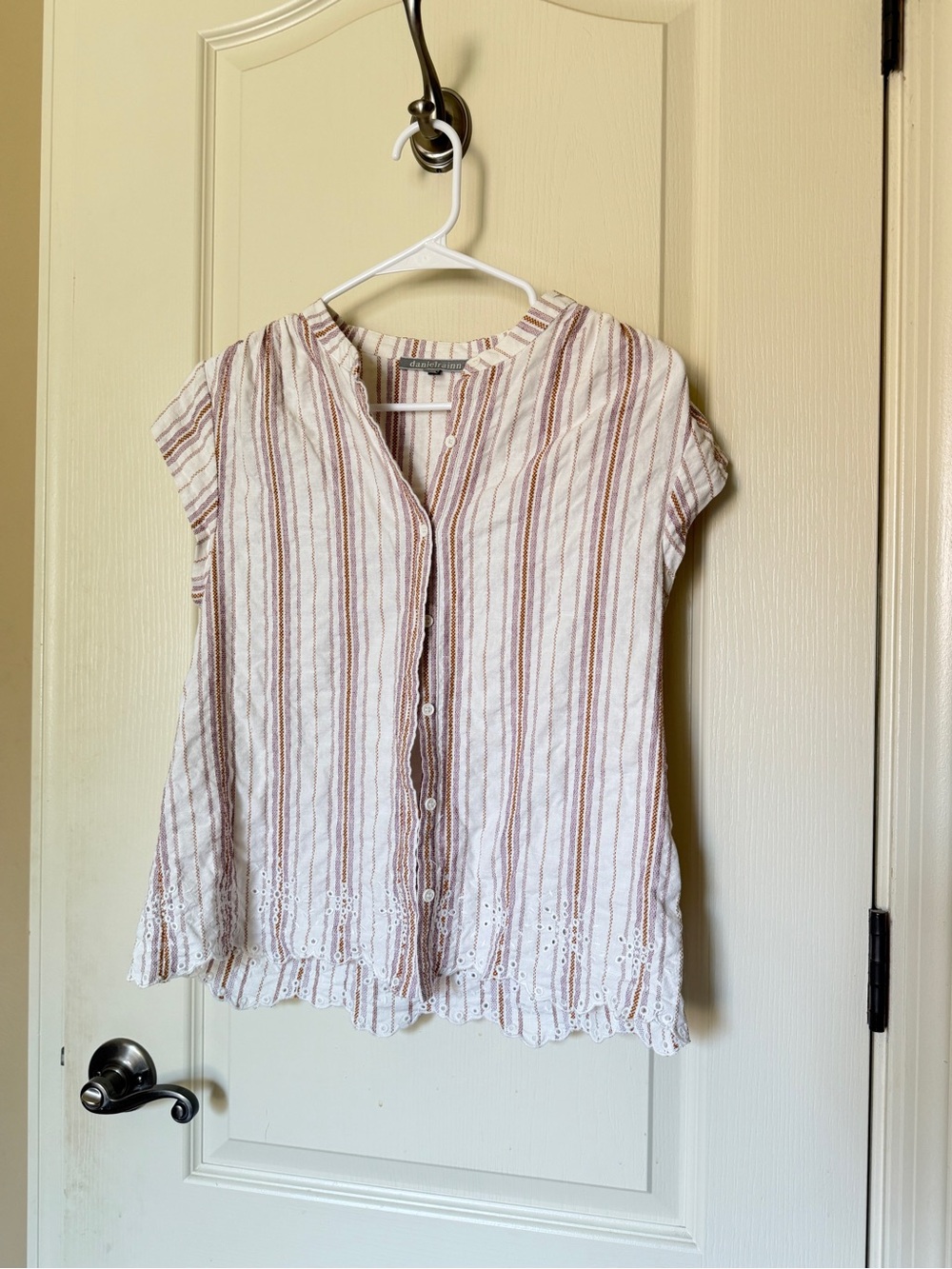 Daniel Rainn Striped Button-Front Cap Sleeve Top in Ivory and Brown Size M